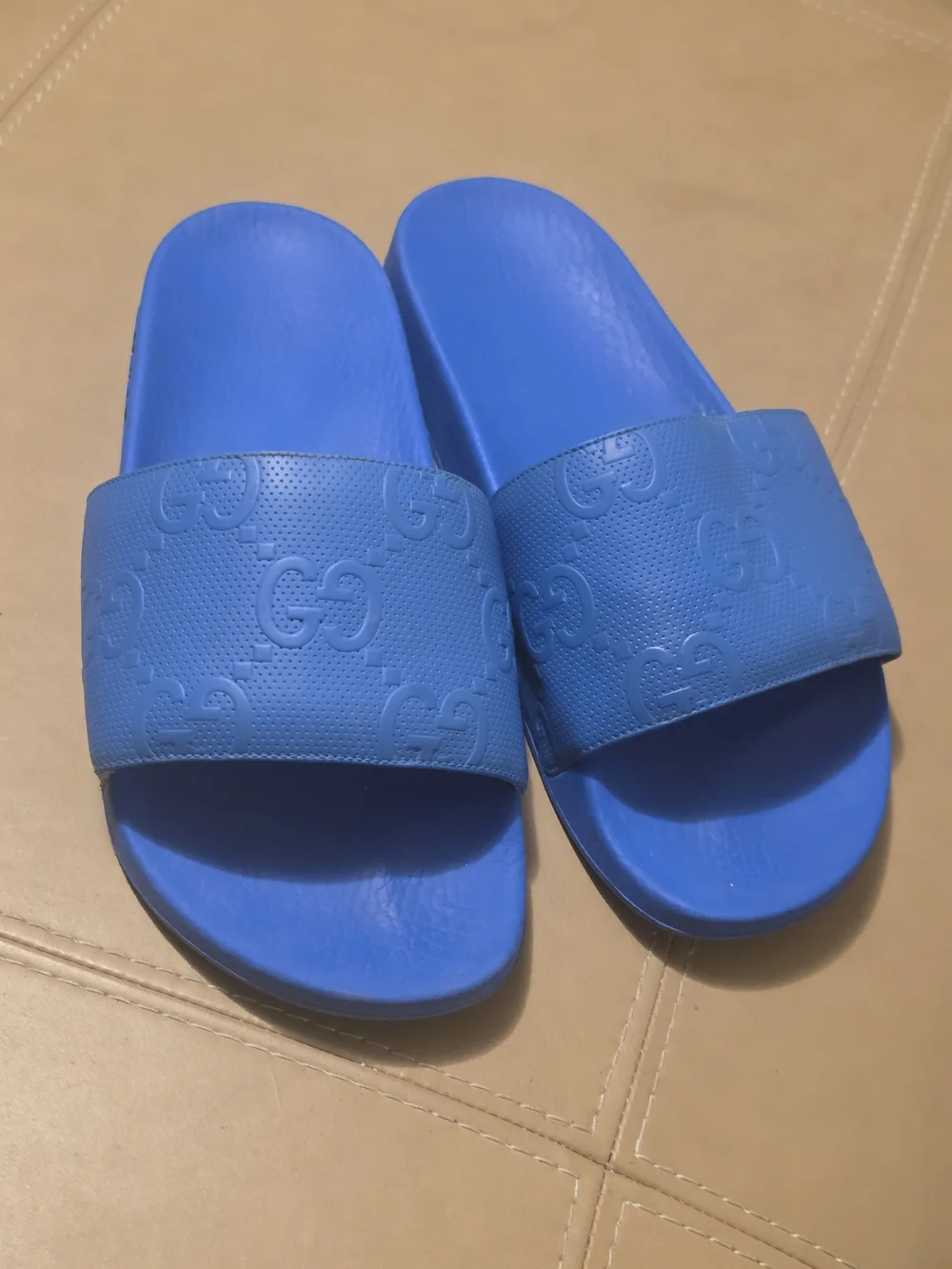 Gucci Bright Blue Rubber Slide Sandals - Women's GG Embossed Strap